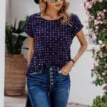Scoop Neck Polka Dot Batwing Sleeve Blouse