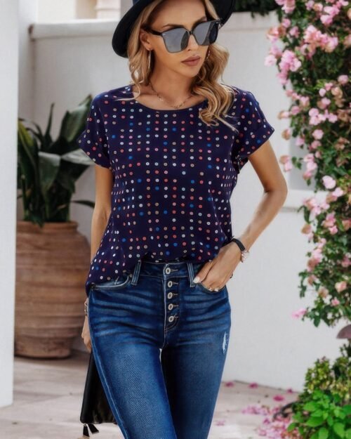 scoop neck polka dot batwing sleeve blouse