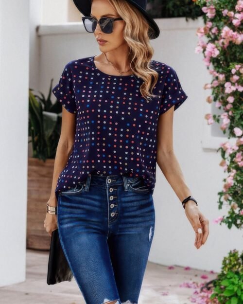 scoop neck polka dot batwing sleeve blouse