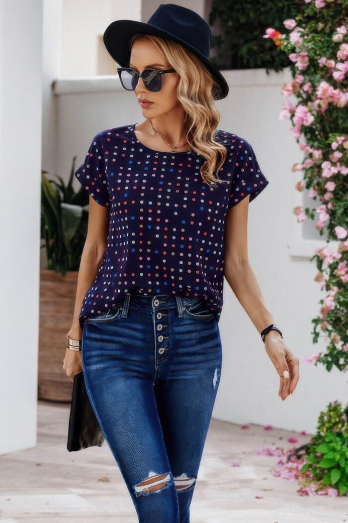 Scoop neck polka dot batwing sleeve blouse