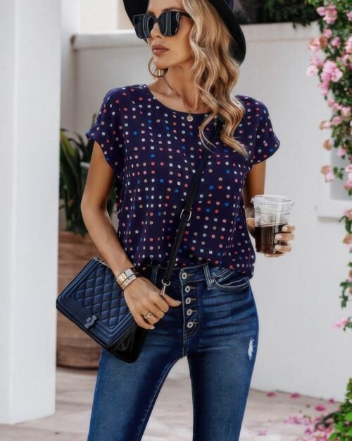 scoop neck polka dot batwing sleeve blouse