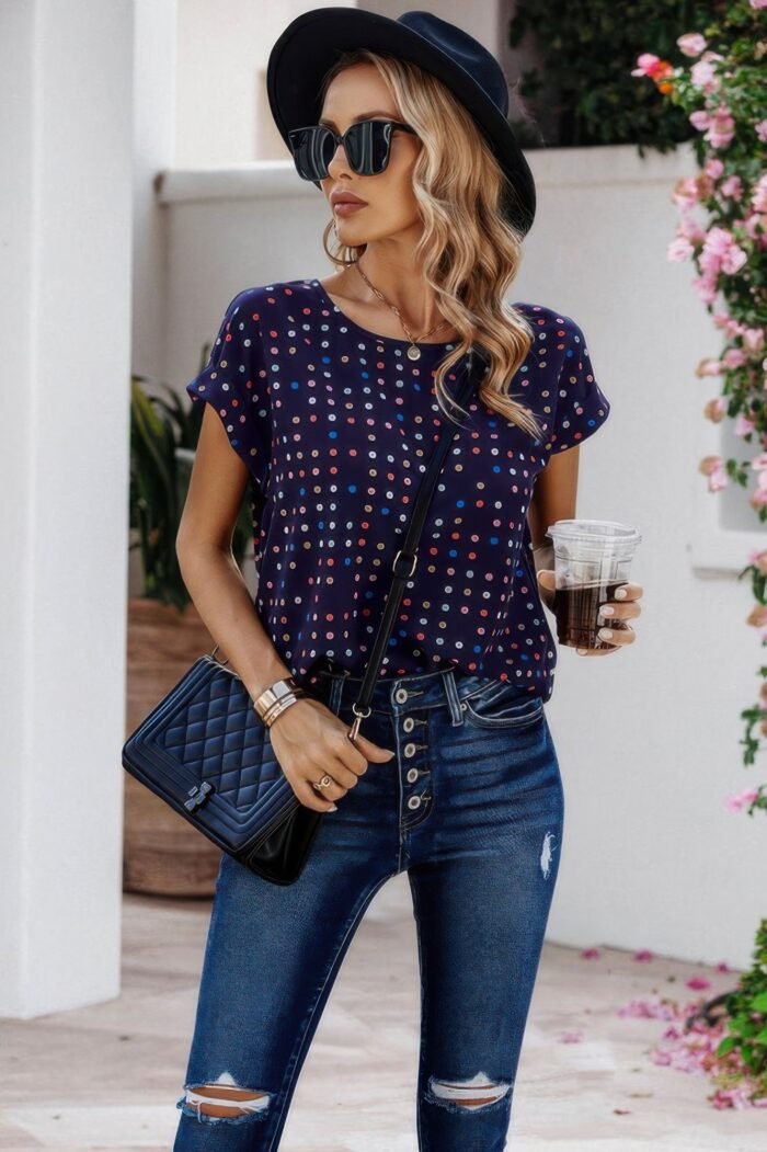 Scoop neck polka dot batwing sleeve blouse