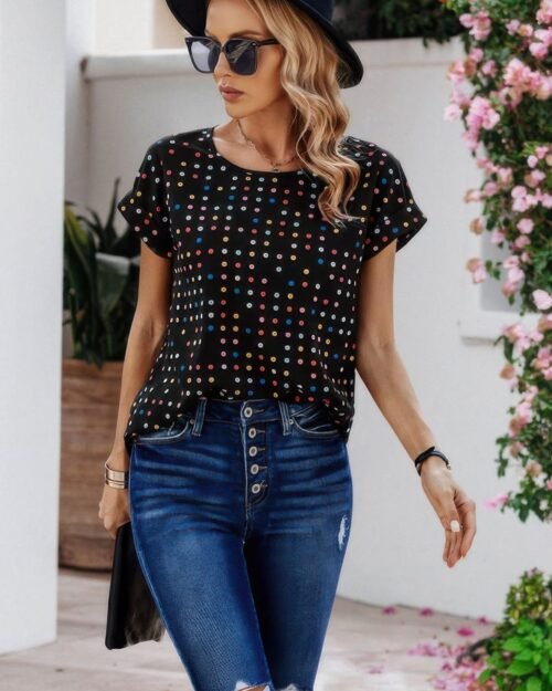 scoop neck polka dot batwing sleeve blouse