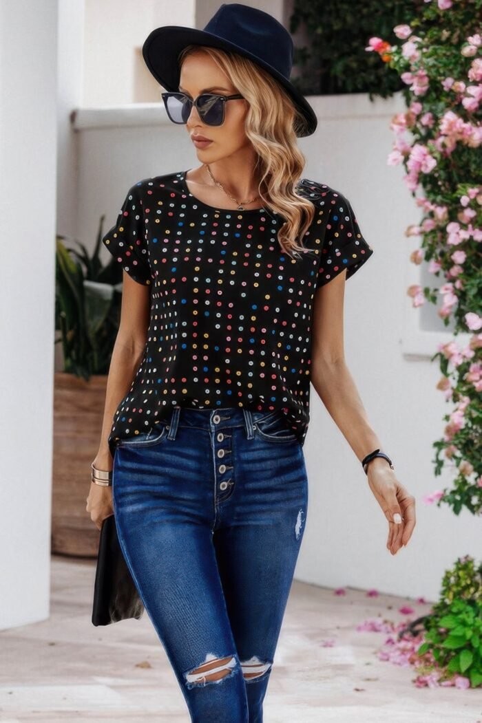 Scoop neck polka dot batwing sleeve blouse