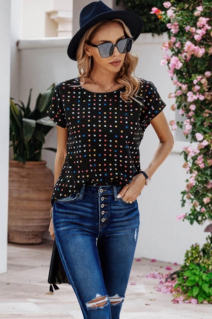 Scoop neck polka dot batwing sleeve blouse