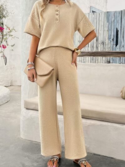 Two Pieces Outfits Knitted Crew Neck Button Set