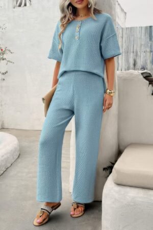 Two Pieces Outfits Knitted Crew Neck Button Set Two Pieces Outfits Knitted Crew Neck Button Set