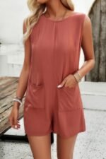 Solid Crewneck Sleeveless Loose Pockets Romper - Image 2