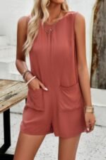 Solid Crewneck Sleeveless Loose Pockets Romper - Image 5
