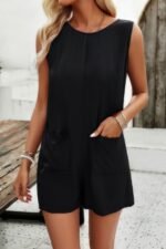 Solid Crewneck Sleeveless Loose Pockets Romper - Image 12