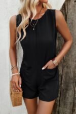 Solid Crewneck Sleeveless Loose Pockets Romper - Image 15
