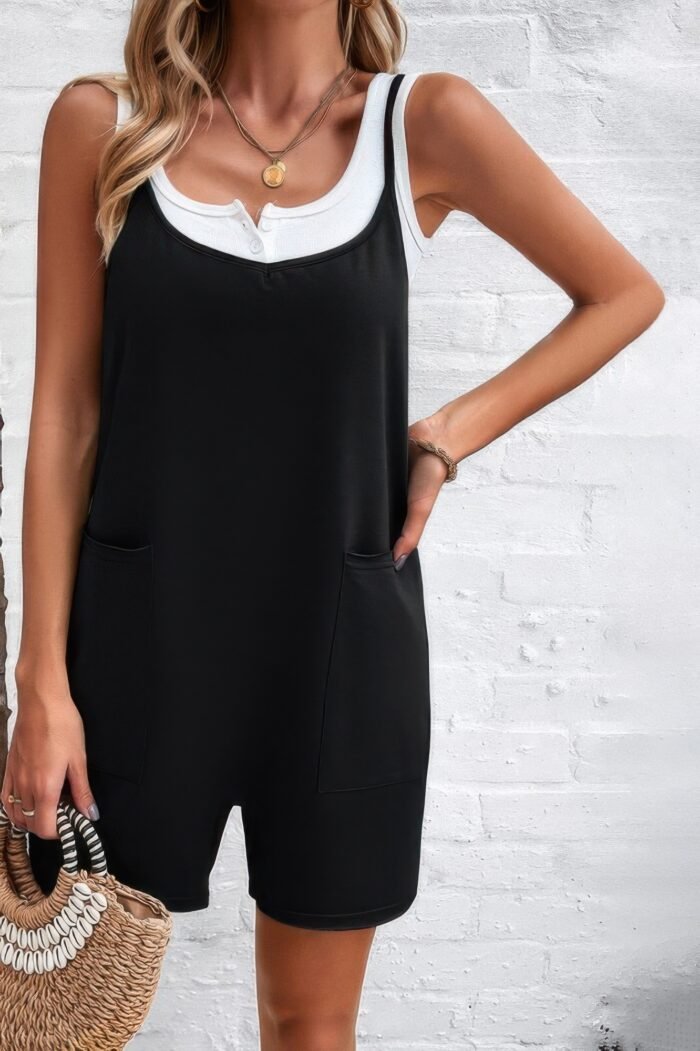 Scoop neck spaghetti straps loose fit solid romper