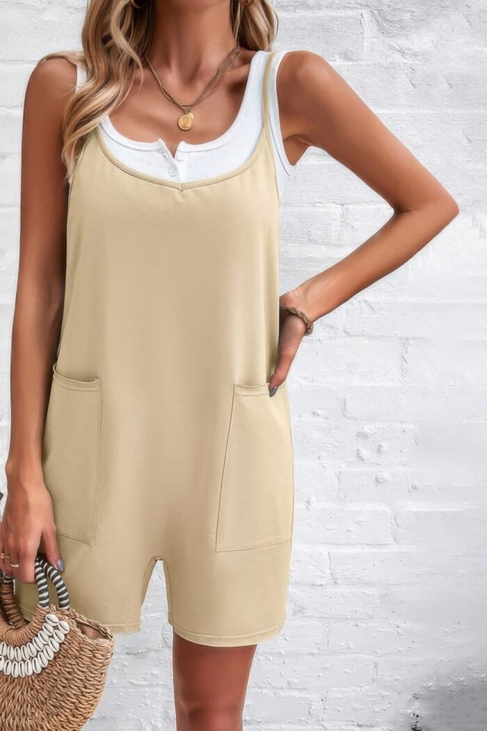 Scoop neck spaghetti straps loose fit solid romper