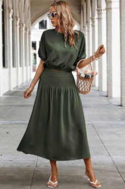 Two Pieces Solid Color Loose Puff Sleeve Pleated Shirt
