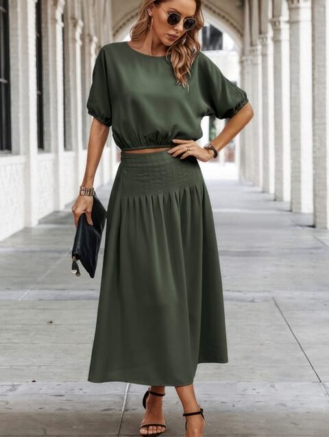 Two Pieces Solid Color Loose Puff Sleeve Pleated Shirt