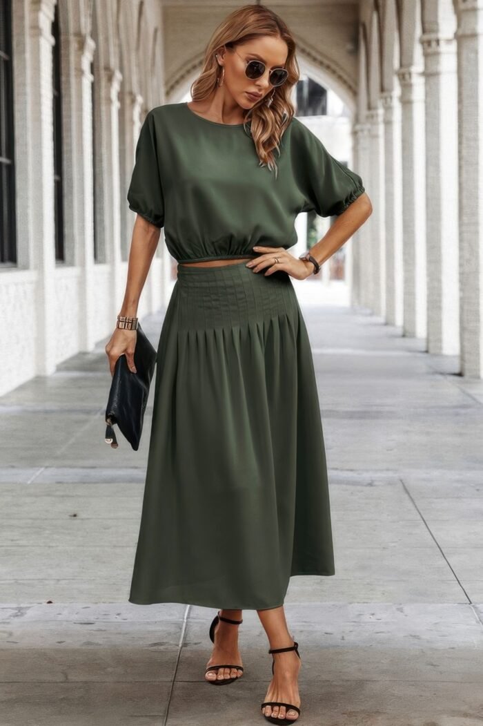 Two pieces solid color loose puff sleeve pleated shirt