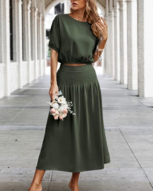 two pieces solid color loose puff sleeve pleated shirt