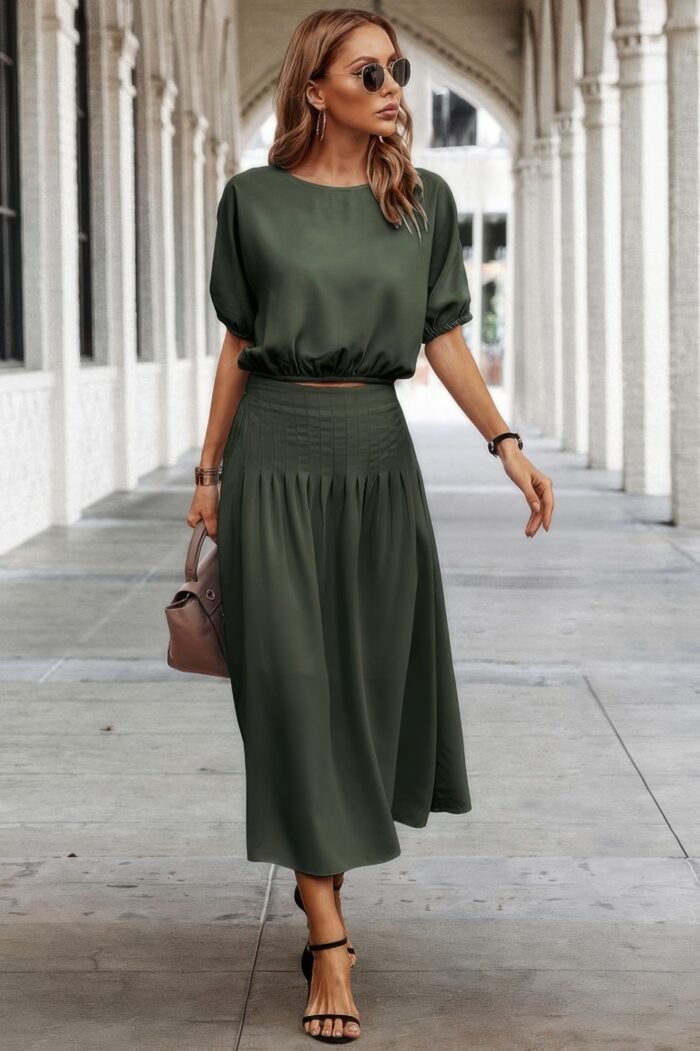 Two pieces solid color loose puff sleeve pleated shirt