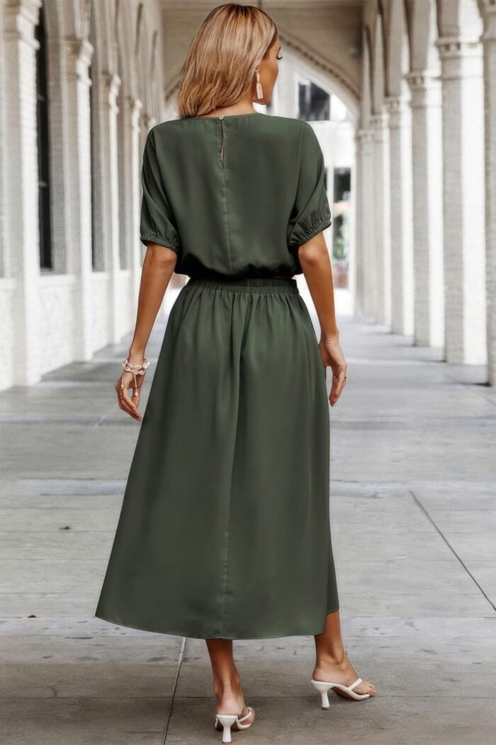Two pieces solid color loose puff sleeve pleated shirt