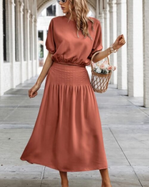 two pieces solid color loose puff sleeve pleated shirt