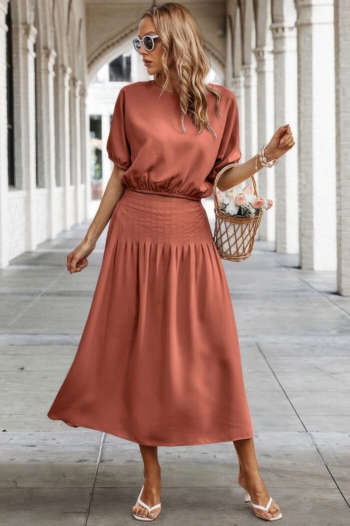 Two pieces solid color loose puff sleeve pleated shirt