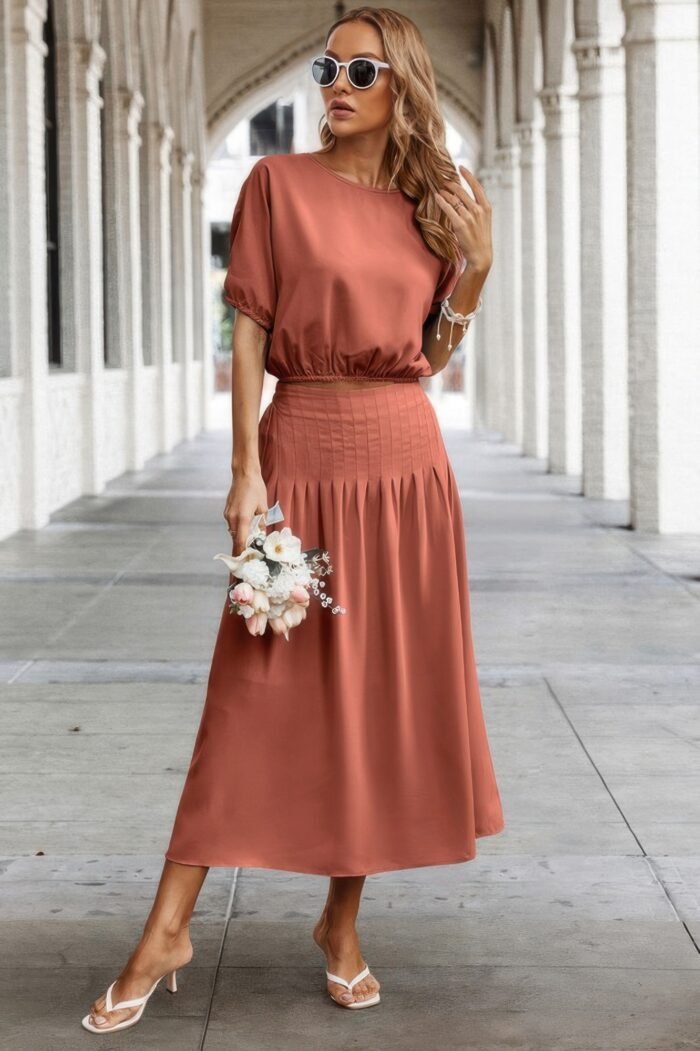 Two pieces solid color loose puff sleeve pleated shirt