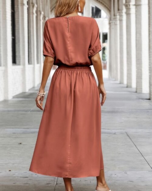two pieces solid color loose puff sleeve pleated shirt