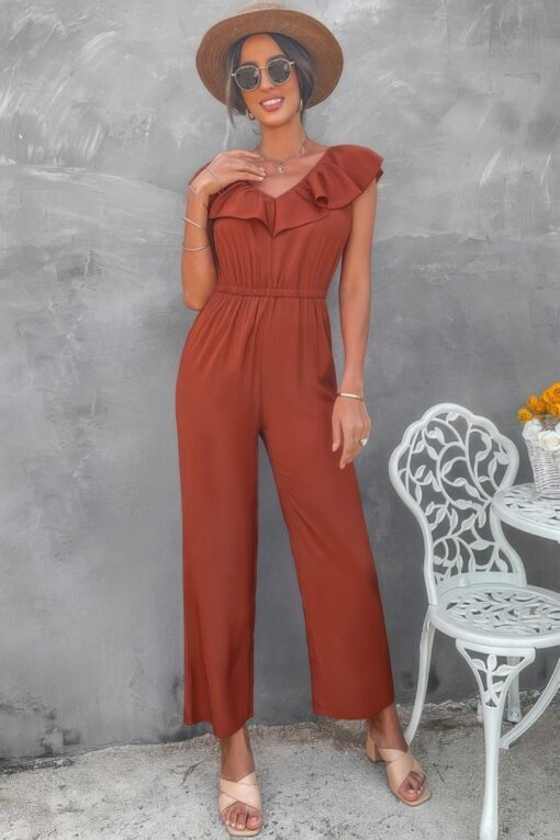 Solid Ruffle Trim V Neck Fit Jumpsuit - Image 2