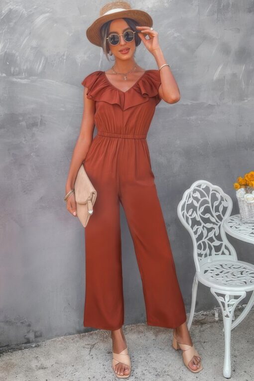Solid Ruffle Trim V Neck Fit Jumpsuit - Image 3