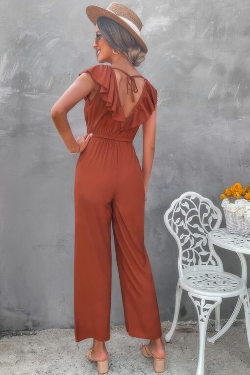 Solid Ruffle Trim V Neck Fit Jumpsuit - Image 4