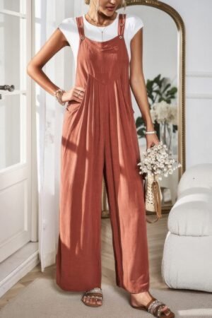 Button Detail Wide Leg Overall Pockets Jumpsuit