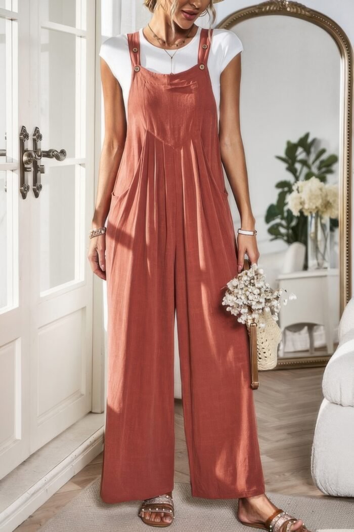 Button detail wide leg overall pockets jumpsuit