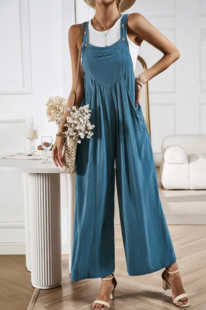Button detail wide leg overall pockets jumpsuit