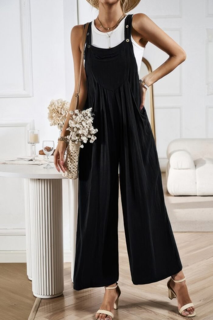 Button detail wide leg overall pockets jumpsuit