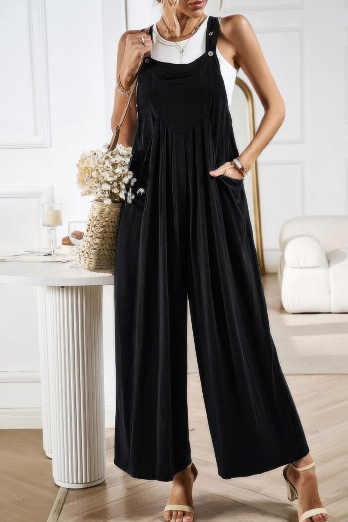 Button detail wide leg overall pockets jumpsuit