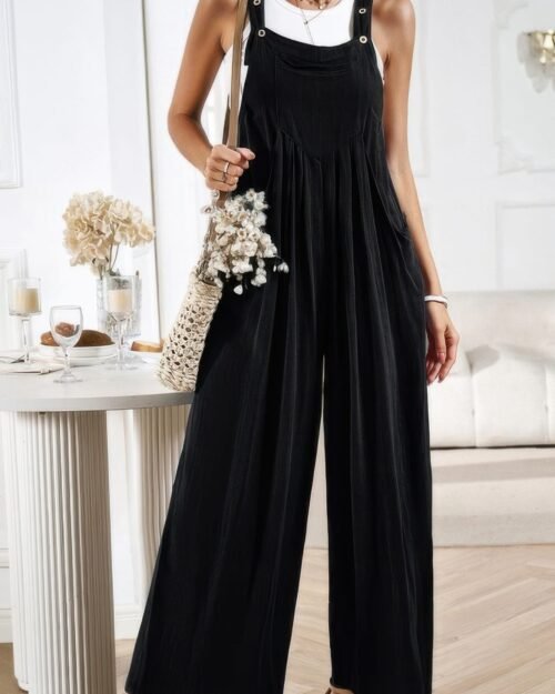 button detail wide leg overall pockets jumpsuit