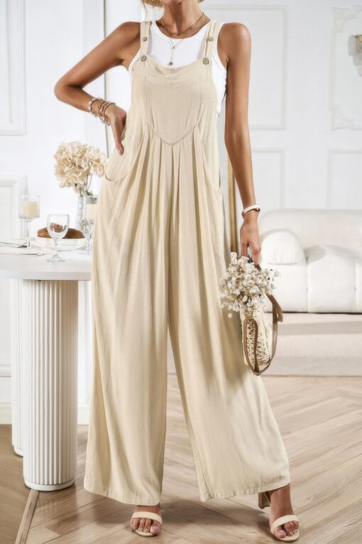 Button Detail Wide Leg Overall Pockets Jumpsuit - Image 19