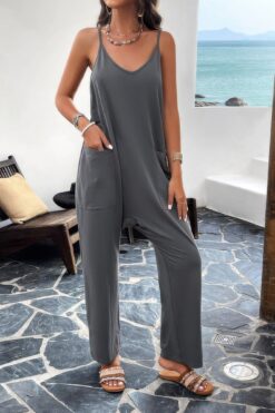 Pocketed Spaghetti Strap Loose Sleeveless Jumpsuit