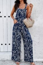 Geo Print Smocked Sleeveless Pockets Jumpsuit