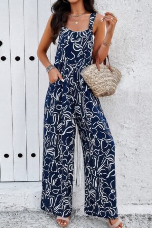 Geo Print Smocked Sleeveless Pockets Jumpsuit