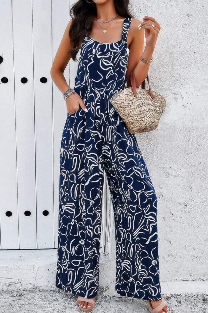 Geo print smocked sleeveless pockets jumpsuit - image 1
