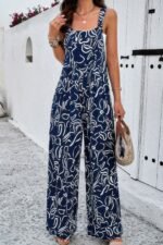 Geo Print Smocked Sleeveless Pockets Jumpsuit - Image 3