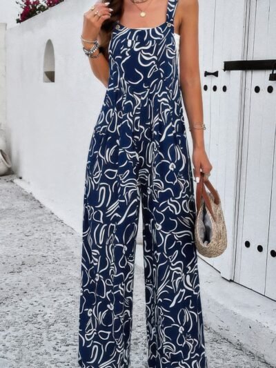 Geo Print Smocked Sleeveless Pockets Jumpsuit Geo Print Smocked Sleeveless Pockets Jumpsuit