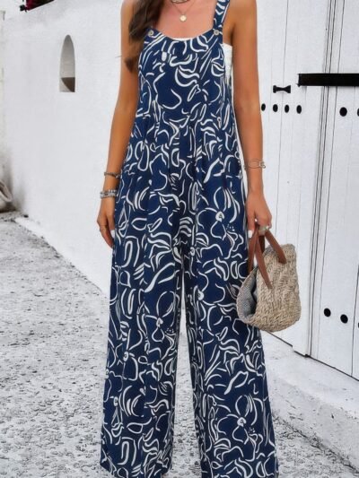 Geo Print Smocked Sleeveless Pockets Jumpsuit Geo Print Smocked Sleeveless Pockets Jumpsuit