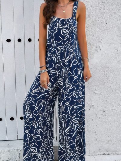 Geo Print Smocked Sleeveless Pockets Jumpsuit Geo Print Smocked Sleeveless Pockets Jumpsuit