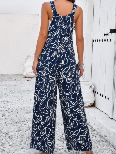 Geo Print Smocked Sleeveless Pockets Jumpsuit Geo Print Smocked Sleeveless Pockets Jumpsuit