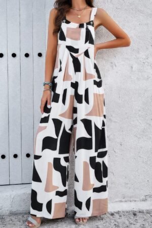 Geo Print Smocked Sleeveless Pockets Jumpsuit Geo Print Smocked Sleeveless Pockets Jumpsuit