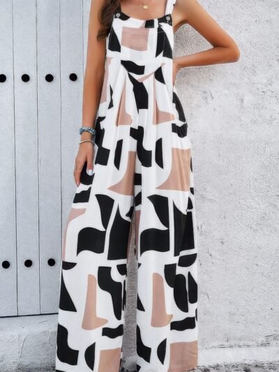 Geo Print Smocked Sleeveless Pockets Jumpsuit Geo Print Smocked Sleeveless Pockets Jumpsuit