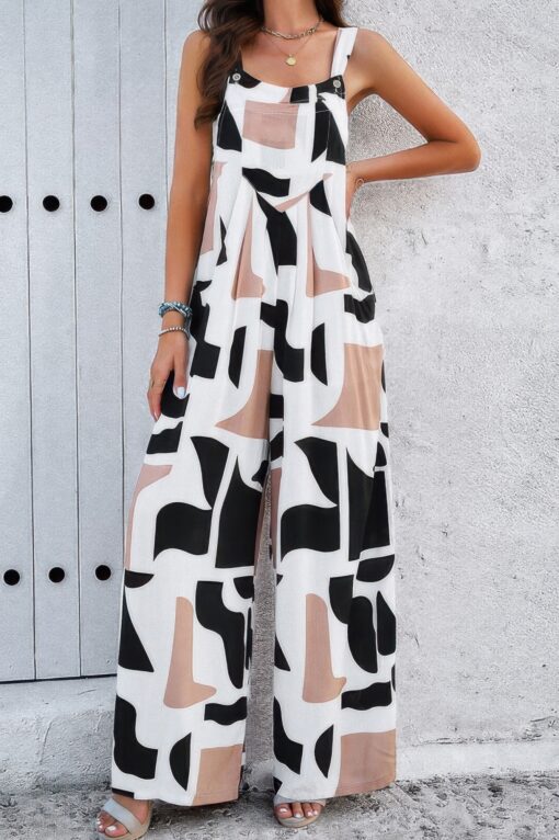 Geo Print Smocked Sleeveless Pockets Jumpsuit - Image 13
