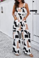 Geo Print Smocked Sleeveless Pockets Jumpsuit - Image 14